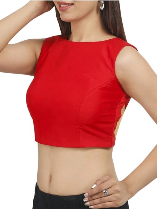 Boat Neck Sleeveless Red Readymade Blouse: Size=34