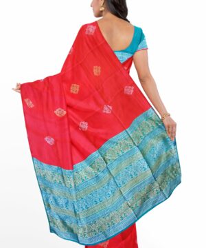 Blue and Red Silk Saree With Silver Work