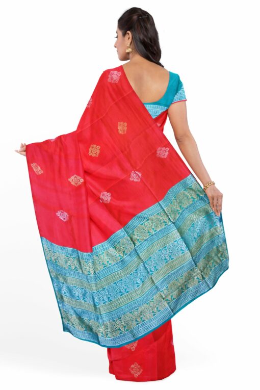 Blue and Red Silk Saree With Silver Work
