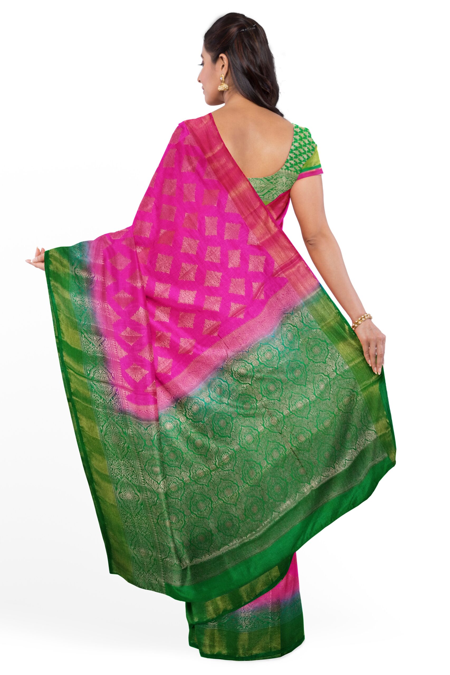 woman-wearing-pink-and-green-designer-saree