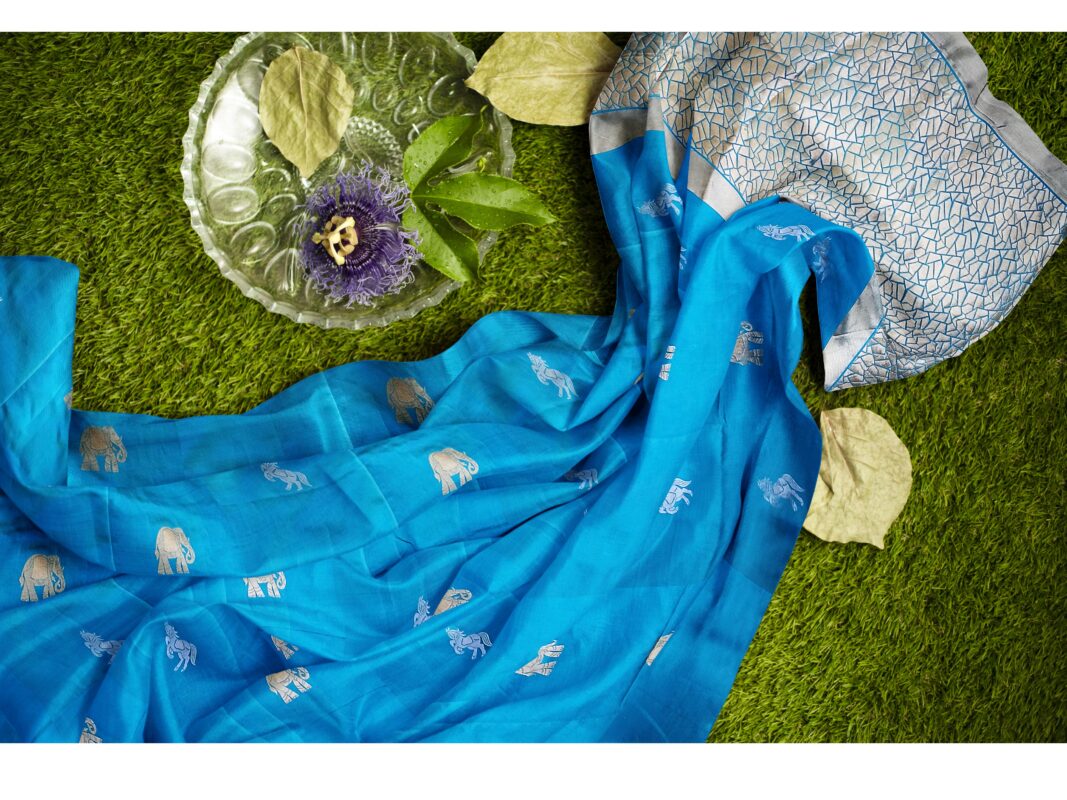 Designer blue chiffon silk saree