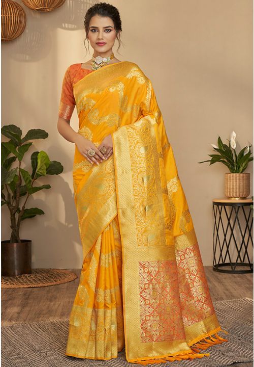 Golden yellow saree with zari work