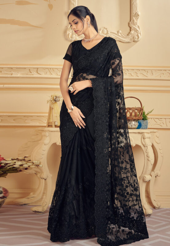 Latest black net saree design for petite women