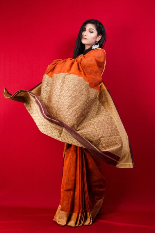 Orange designer saree with golden zari work